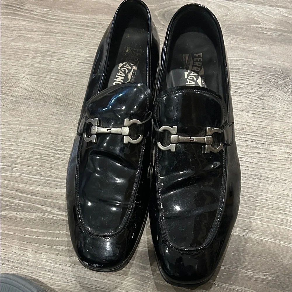 Salvatore Ferragamo Black Patent Leather Horsebit Loafers